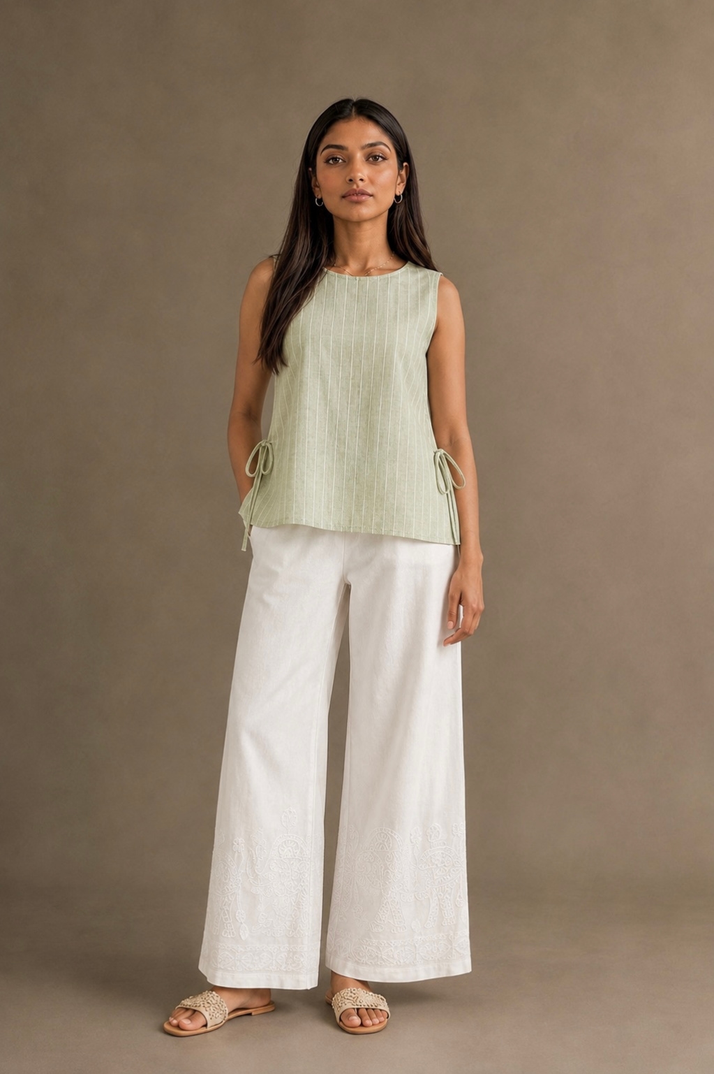 Linen Side-Slit Bow Blouse